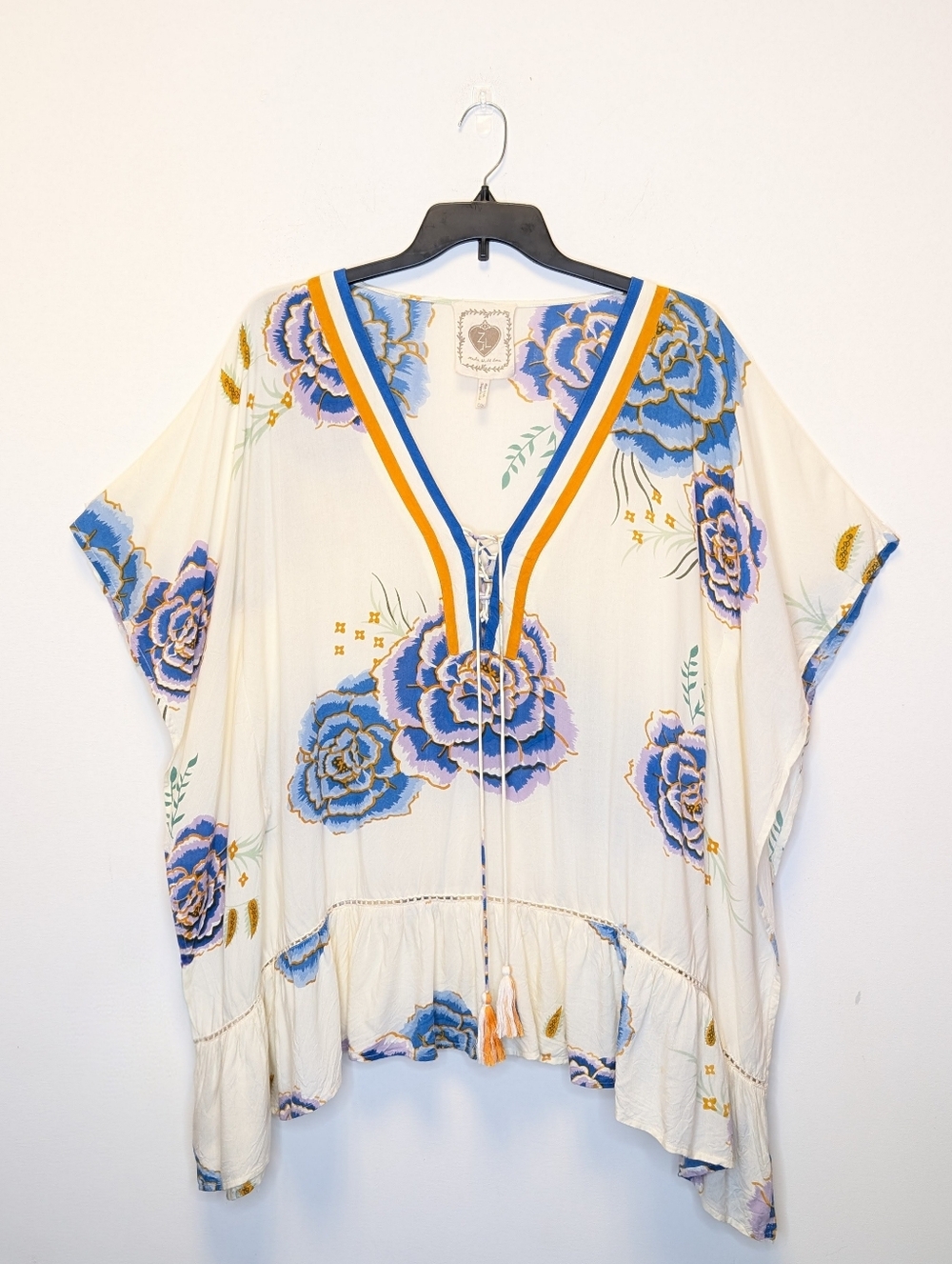 Z&L Boho Floral Tunic Cover Up OS Blue Ivory Peasant Kaftan Resort